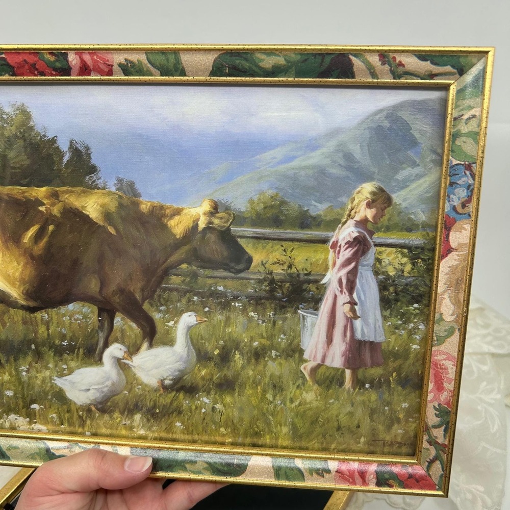 Vintage 80s Cow Farm Prairie Artwork Pair Floral Gold Framed Cottagecore Prints - Picture 6 of 14